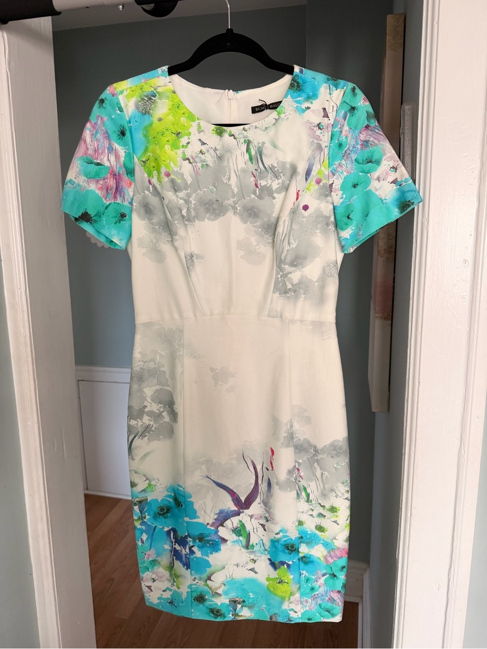Black Halo White Dress with Aqua, Teal and Lime Watercolor Floral Print